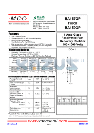 BA157GP datasheet - 1 Amp Glass Passivated Fast Recovery Rectifier 400~1000 Volts