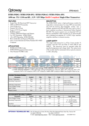 BTRS-5920AG datasheet - 1490 nm TX / 1310 nm RX , 3.3V / 155 Mbps RoHS Compliant Single-Fiber Transceiver