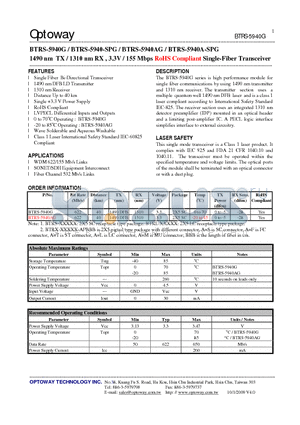 BTRS-5940-SPG datasheet - 1490 nm TX / 1310 nm RX , 3.3V / 155 Mbps RoHS Compliant Single-Fiber Transceiver