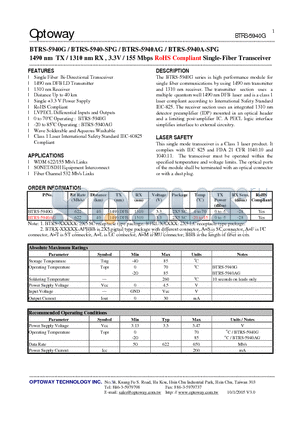 BTRS-5940AG datasheet - 1490 nm TX / 1310 nm RX , 3.3V / 155 Mbps RoHS Compliant Single-Fiber Transceiver