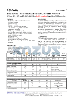 BTRS-7600ACMG datasheet - 1310 nm TX / 1550 nm RX , 3.3V / 1250 Mbps RoHS Compliant Single-Fiber MM Transceiver