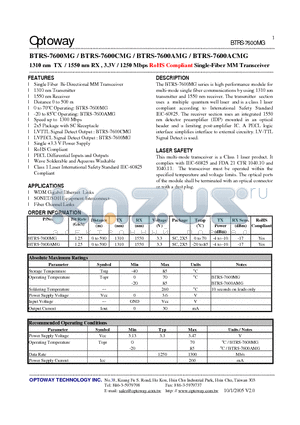 BTRS-7600AMG datasheet - 1310 nm TX / 1550 nm RX , 3.3V / 1250 Mbps RoHS Compliant Single-Fiber MM Transceiver