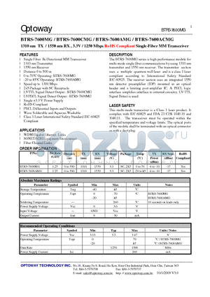 BTRS-7600CMG datasheet - 1310 nm TX / 1550 nm RX , 3.3V / 1250 Mbps RoHS Compliant Single-Fiber MM Transceiver