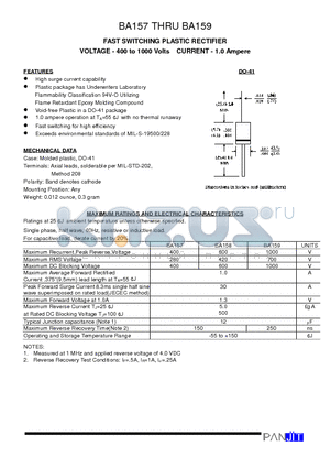 BA158 datasheet - FAST SWITCHING PLASTIC RECTIFIER(VOLTAGE - 400 to 1000 Volts CURRENT - 1.0 Ampere)