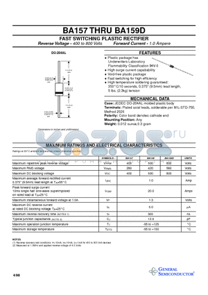 BA158 datasheet - FAST SWITCHING PLASTIC RECTIFIER