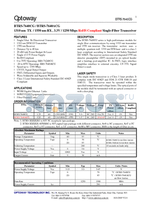 BTRS-7640CG datasheet - 1310 nm TX / 1550 nm RX , 3.3V / 1250 Mbps RoHS Compliant Single-Fiber Transceiver