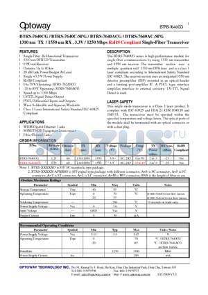 BTRS-7640CG datasheet - 1310 nm TX / 1550 nm RX , 3.3V / 1250 Mbps RoHS Compliant Single-Fiber Transceiver