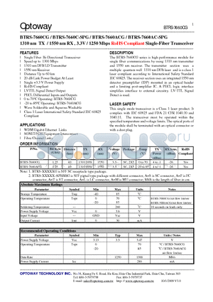 BTRS-7660AC-SPG datasheet - 1310 nm TX / 1550 nm RX , 3.3V / 1250 Mbps RoHS Compliant Single-Fiber Transceiver