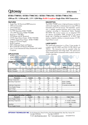 BTRS-7700CMG datasheet - 1550 nm TX / 1310 nm RX , 3.3V / 1250 Mbps RoHS Compliant Single-FiberMM Transceiver