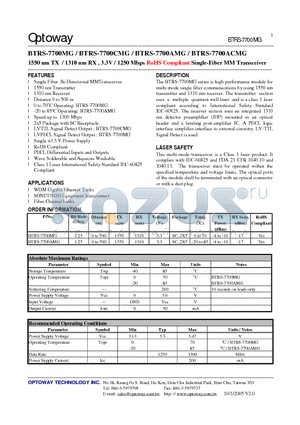 BTRS-7700MG datasheet - 1550 nm TX / 1310 nm RX , 3.3V / 1250 Mbps RoHS Compliant Single-Fiber MM Transceiver