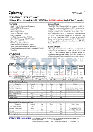 BTRS-7710ACG datasheet - 1550 nm TX / 1310 nm RX , 3.3V / 1250 Mbps RoHS Compliant Single-Fiber Transceiver