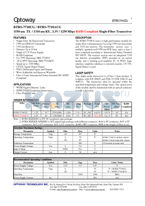 BTRS-7710CG datasheet - 1550 nm TX / 1310 nm RX , 3.3V / 1250 Mbps RoHS Compliant Single-Fiber Transceiver