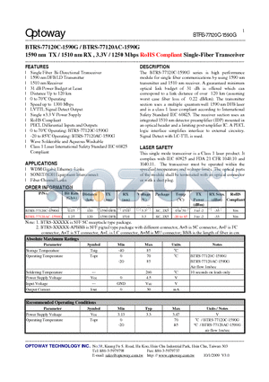 BTRS-77120AC-1590G datasheet - 1590 nm TX / 1510 nm RX , 3.3V / 1250 Mbps RoHS Compliant Single-Fiber Transceiver
