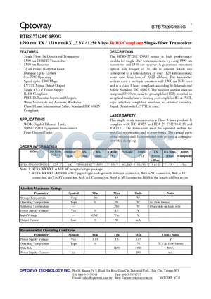 BTRS-77120C-1590G datasheet - 1590 nm TX / 1510 nm RX , 3.3V / 1250 Mbps RoHS Compliant Single-Fiber Transceiver