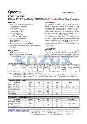 BTRS-77120C-1510G datasheet - 1510 nm TX / 1590 nm RX , 3.3V / 1250 Mbps RoHS Compliant Single-Fiber Transceiver