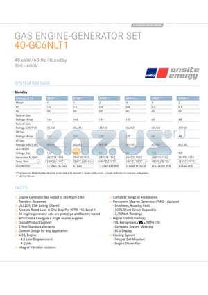 40-GC6NLT1 datasheet - GAS Engine-Generator Set