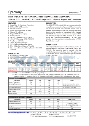 BTRS-7720AC-SPG datasheet - 1550 nm TX / 1310 nm RX , 3.3V / 1250 Mbps RoHS Compliant Single-Fiber Transceiver