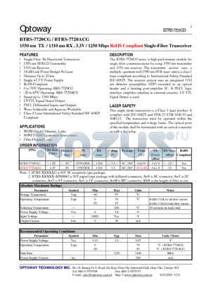BTRS-7720ACG datasheet - 1550 nm TX / 1310 nm RX , 3.3V / 1250 Mbps RoHS Compliant Single-Fiber Transceiver