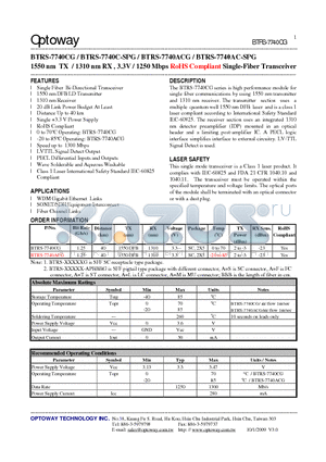 BTRS-7740AC-SPG datasheet - 1550 nm TX / 1310 nm RX , 3.3V / 1250 Mbps RoHS Compliant Single-Fiber Transceiver