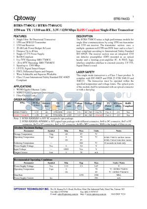BTRS-7740ACG datasheet - 1550 nm TX / 1310 nm RX , 3.3V / 1250 Mbps RoHS Compliant Single-Fiber Transceiver