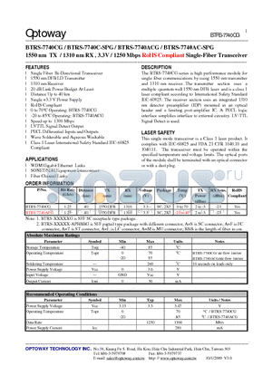 BTRS-7740ACG datasheet - 1550 nm TX / 1310 nm RX , 3.3V / 1250 Mbps RoHS Compliant Single-Fiber Transceiver