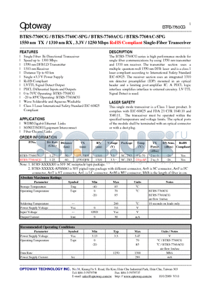 BTRS-7760AC-SPG datasheet - 1550 nm TX / 1310 nm RX , 3.3V / 1250 Mbps RoHS Compliant Single-Fiber Transceiver