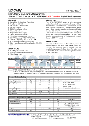 BTRS-7780C-1590G datasheet - 1590 nm TX / 1510 nm RX , 3.3V / 1250 Mbps RoHS Compliant Single-Fiber Transceiver