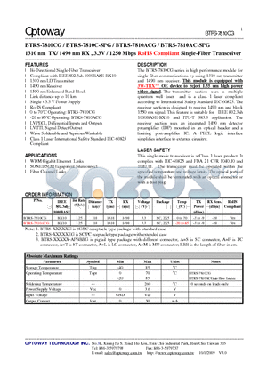 BTRS-7810AC-SPG datasheet - 1310 nm TX/ 1490 nm RX , 3.3V / 1250 Mbps RoHS Compliant Single-Fiber Transceiver