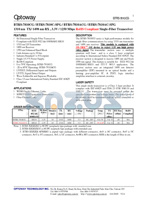 BTRS-7810ACG datasheet - 1310 nm TX/ 1490 nm RX , 3.3V / 1250 Mbps RoHS Compliant Single-Fiber Transceiver