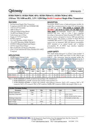 BTRS-7820C-SPG datasheet - 1310 nm TX/ 1490 nm RX , 3.3V / 1250 Mbps RoHS Compliant Single-Fiber Transceiver