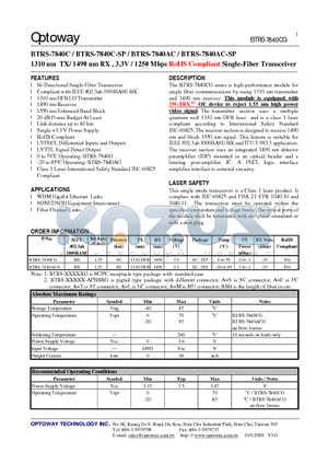 BTRS-7840AC datasheet - 1310 nm TX/ 1490 nm RX , 3.3V / 1250 Mbps RoHS Compliant Single-Fiber Transceiver