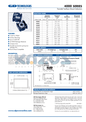 4000 datasheet - Toroidal Surface Mount Inductors