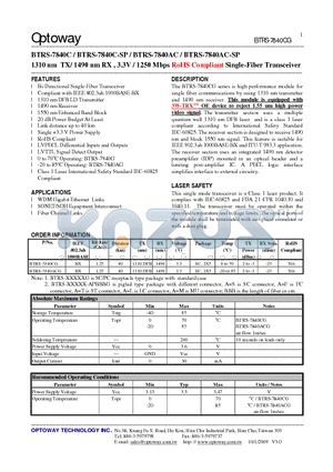 BTRS-7840C datasheet - 1310 nm TX/ 1490 nm RX , 3.3V / 1250 Mbps RoHS Compliant Single-Fiber Transceiver