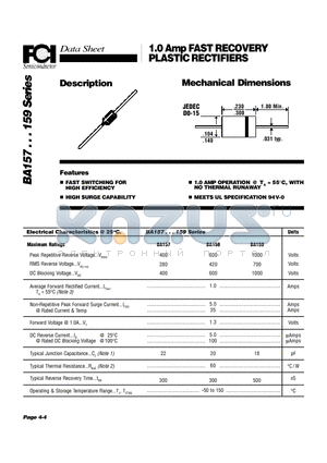 BA159 datasheet - 1.0 Amp FAST RECOVERY PLASTIC RECTIFIERS