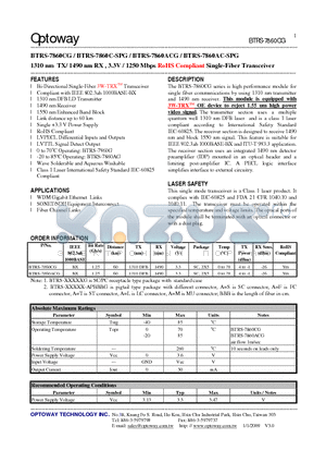 BTRS-7860AC-SPG datasheet - 1310 nm TX/ 1490 nm RX , 3.3V / 1250 Mbps RoHS Compliant Single-Fiber Transceiver