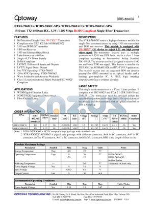 BTRS-7860ACG datasheet - 1310 nm TX/ 1490 nm RX , 3.3V / 1250 Mbps RoHS Compliant Single-Fiber Transceiver