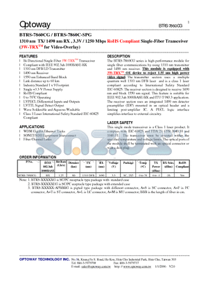 BTRS-7860CG datasheet - 1310 nm TX/ 1490 nm RX , 3.3V / 1250 Mbps RoHS Compliant Single-Fiber Transceiver (3W-TRXTM for Video-Overlay)