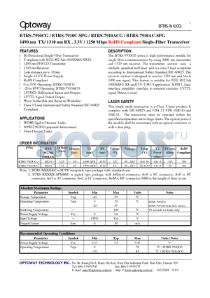 BTRS-7910AC-SPG datasheet - 1490 nm TX/ 1310 nm RX , 3.3V / 1250 Mbps RoHS Compliant Single-Fiber Transceiver