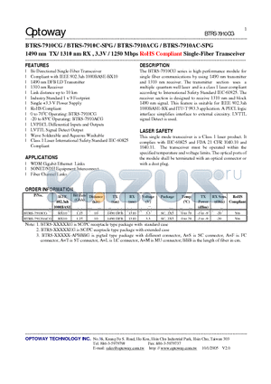 BTRS-7910ACG datasheet - 1490 nm TX/ 1310 nm RX , 3.3V / 1250 Mbps RoHS Compliant Single-Fiber Transceiver