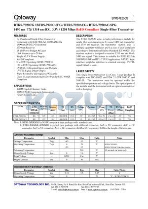 BTRS-7920AC-SPG datasheet - 1490 nm TX/ 1310 nm RX , 3.3V / 1250 Mbps RoHS Compliant Single-Fiber Transceiver