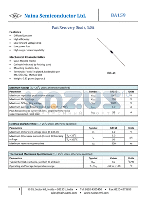 BA159 datasheet - Fast Recovery Diode, 1.0A