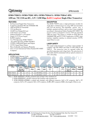 BTRS-7920ACG datasheet - 1490 nm TX/ 1310 nm RX , 3.3V / 1250 Mbps RoHS Compliant Single-Fiber Transceiver