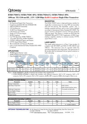 BTRS-7920ACG datasheet - 1490 nm TX/ 1310 nm RX , 3.3V / 1250 Mbps RoHS Compliant Single-Fiber Transceiver