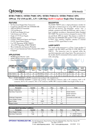 BTRS-7940CG datasheet - 1490 nm TX/ 1310 nm RX , 3.3V / 1250 Mbps RoHS Compliant Single-Fiber Transceiver