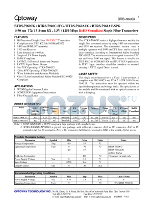 BTRS-7960AC-SPG datasheet - 1490 nm TX/ 1310 nm RX , 3.3V / 1250 Mbps RoHS Compliant Single-Fiber Transceiver