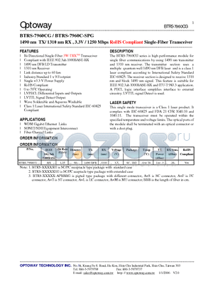BTRS-7960C-SPG datasheet - 1490 nm TX/ 1310 nm RX , 3.3V / 1250 Mbps RoHS Compliant Single-Fiber Transceiver