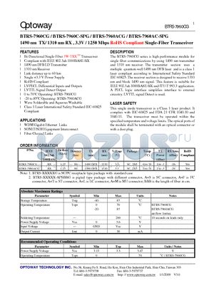 BTRS-7960CG_09 datasheet - 1490 nm TX/ 1310 nm RX , 3.3V / 1250 Mbps RoHS Compliant Single-Fiber Transceiver