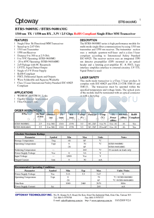 BTRS-9600MG_09 datasheet - 1310 nm TX / 1550 nm RX , 3.3V / 2.5 Gbps RoHS Compliant Single-Fiber MM Transceiver