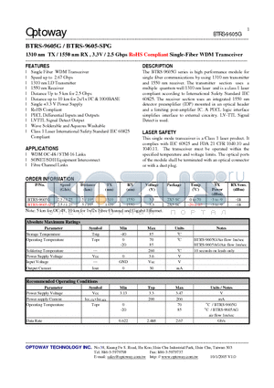 BTRS-9605G datasheet - 1310 nm TX / 1550 nm RX , 3.3V / 2.5 Gbps RoHS Compliant Single-Fiber WDM Transceiver