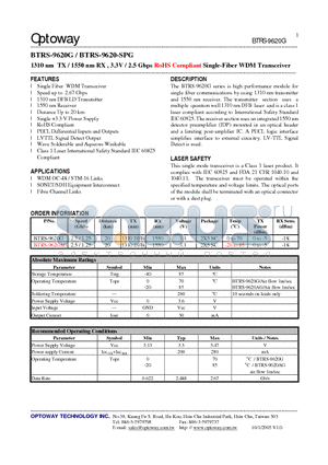 BTRS-9620-SPG datasheet - 1310 nm TX / 1550 nm RX , 3.3V / 2.5 Gbps RoHS Compliant Single-Fiber WDM Transceiver